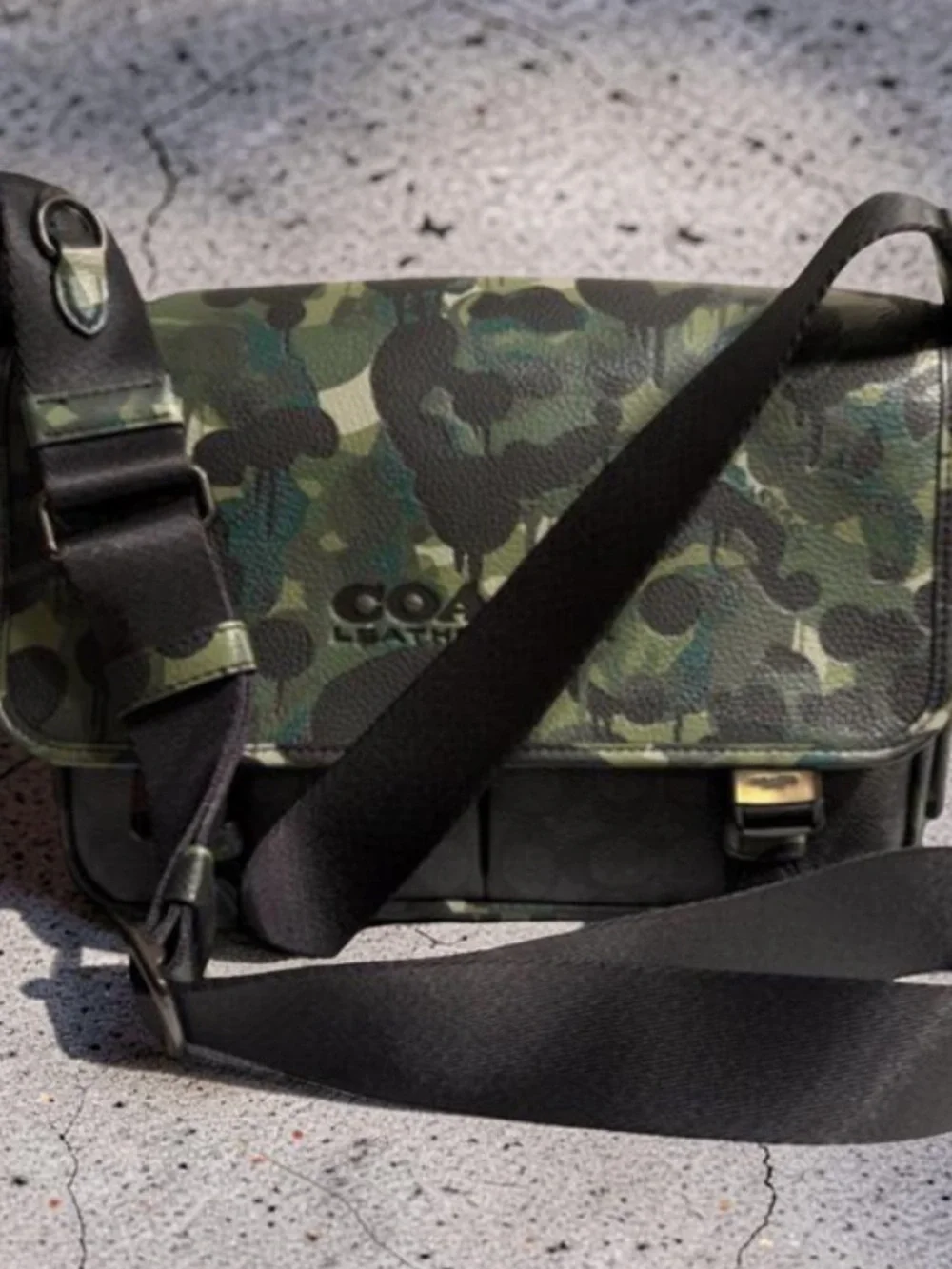 Coach Unisex Camouflage Leather Messenger Bag in Green and Black